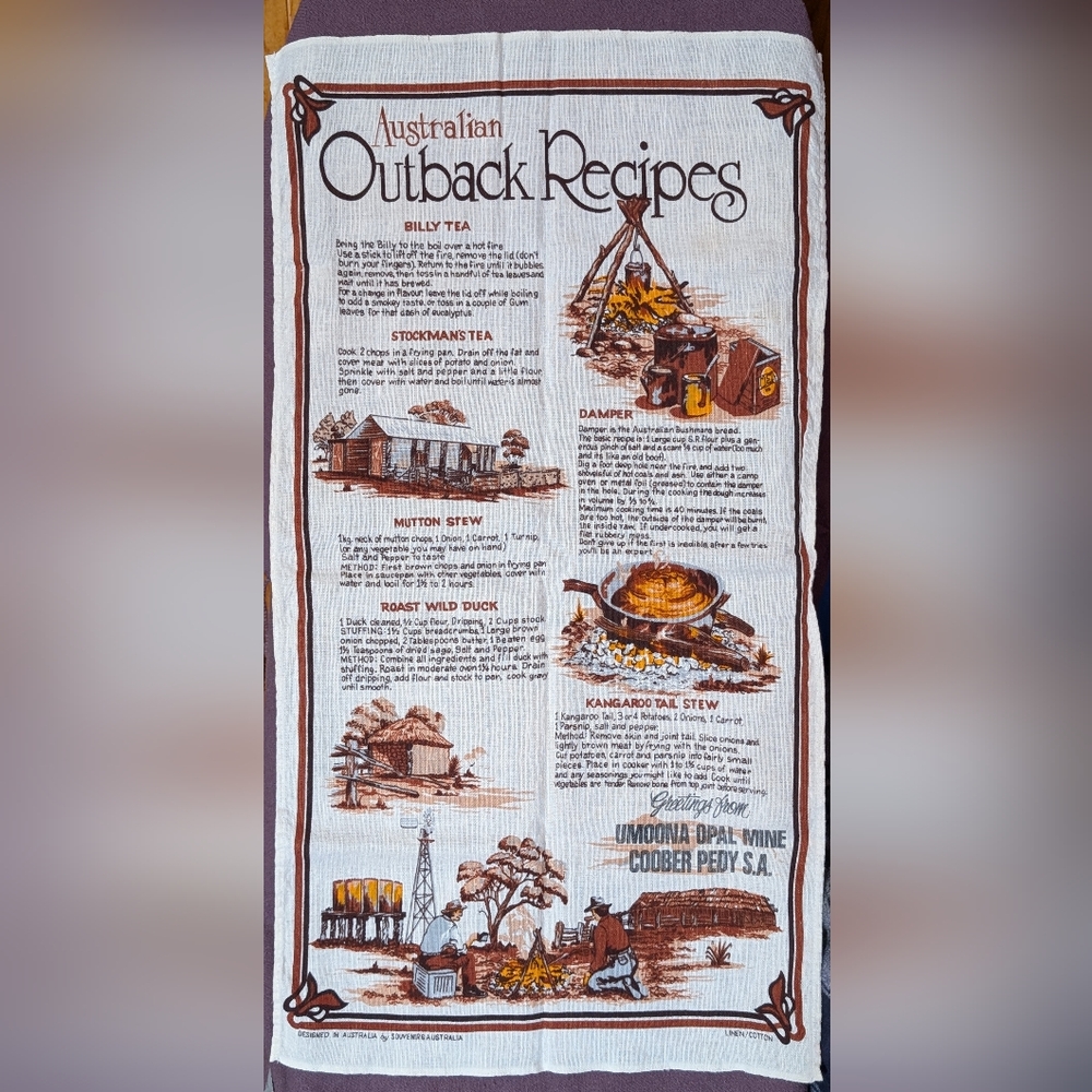 Australian Outback Recipes Tea Towel - Cream with Brown Print